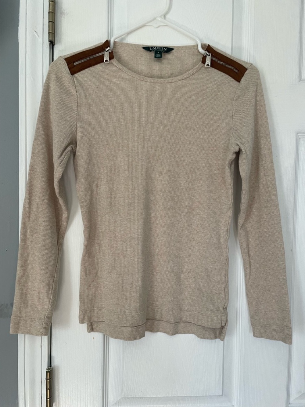 Ralph Lauren Beige Knit Long-Sleeve Top with Brown Shoulder Zips